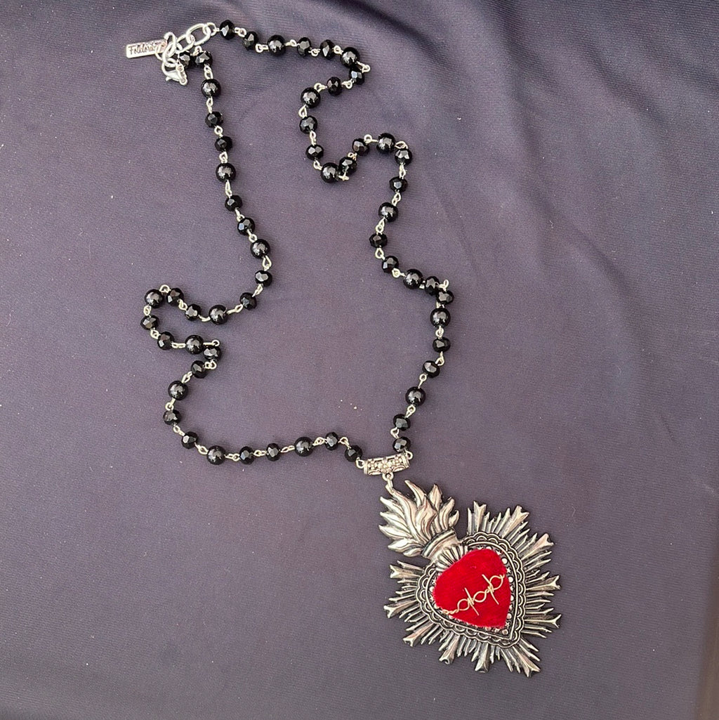 Black Bead Sacred Heart Necklace
