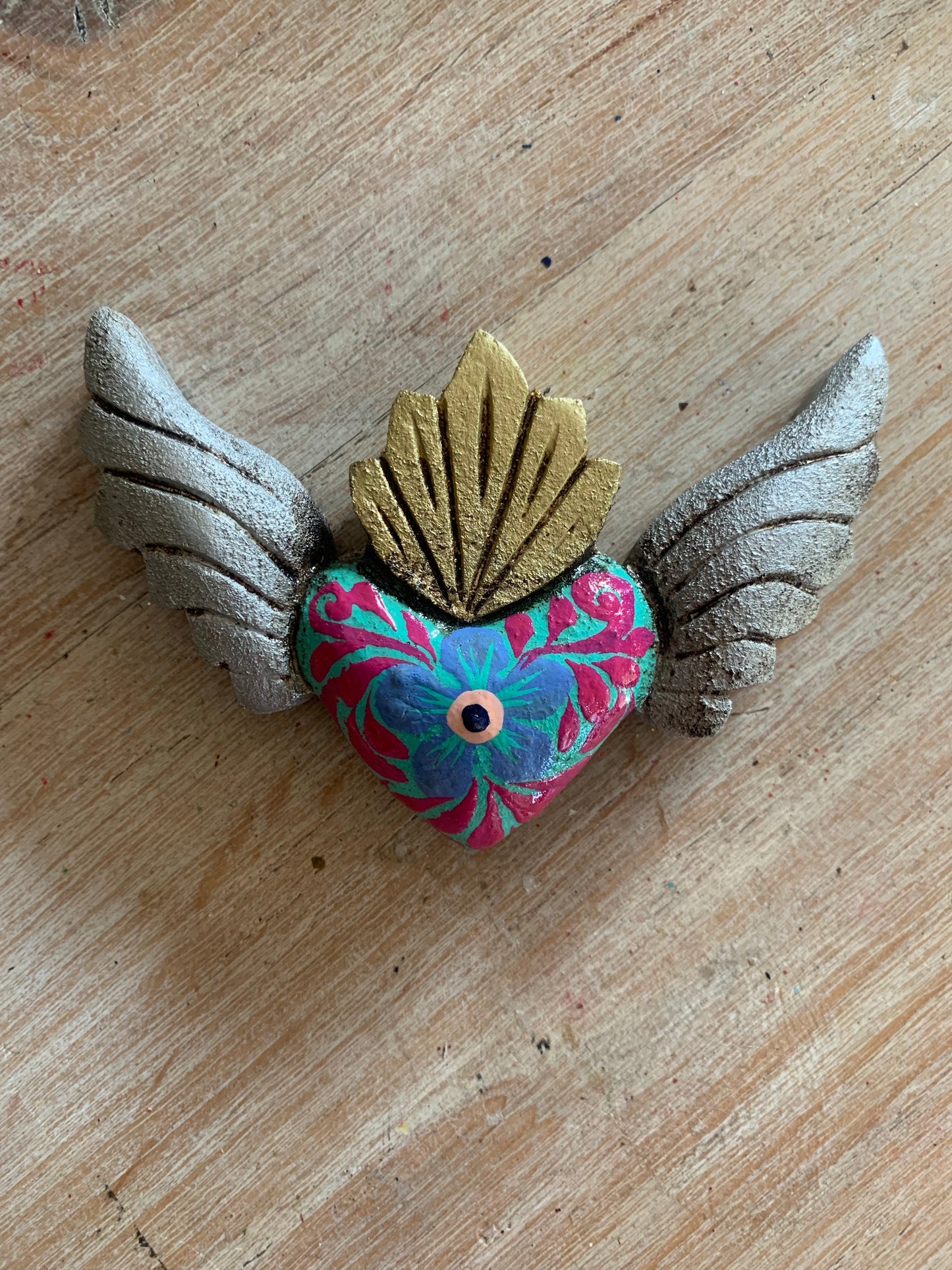 Hand carved Colorful Sacred Heart with Wings Otomi Inspired