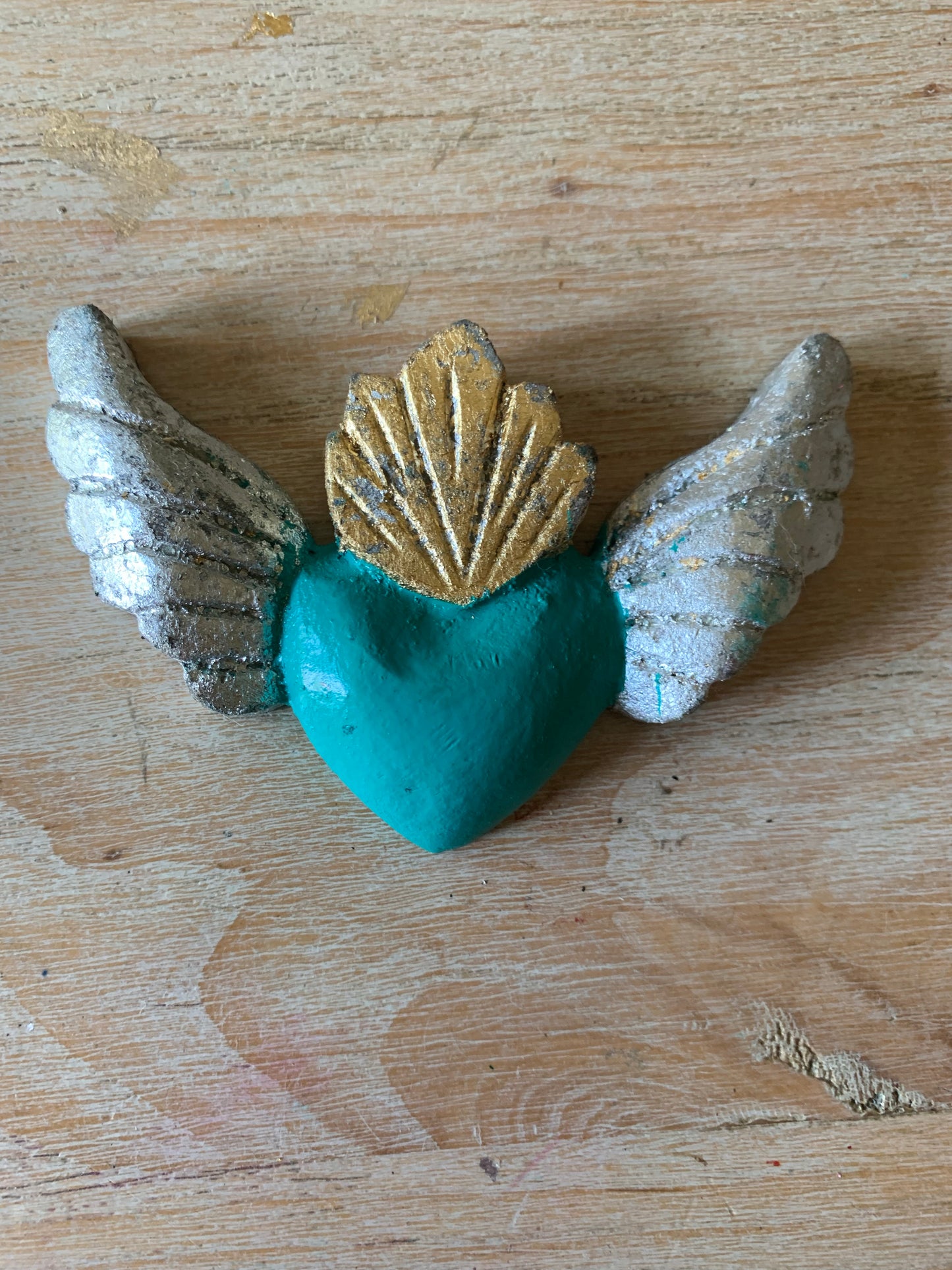 Hand carved Colorful Sacred Heart with Wings Otomi Inspired