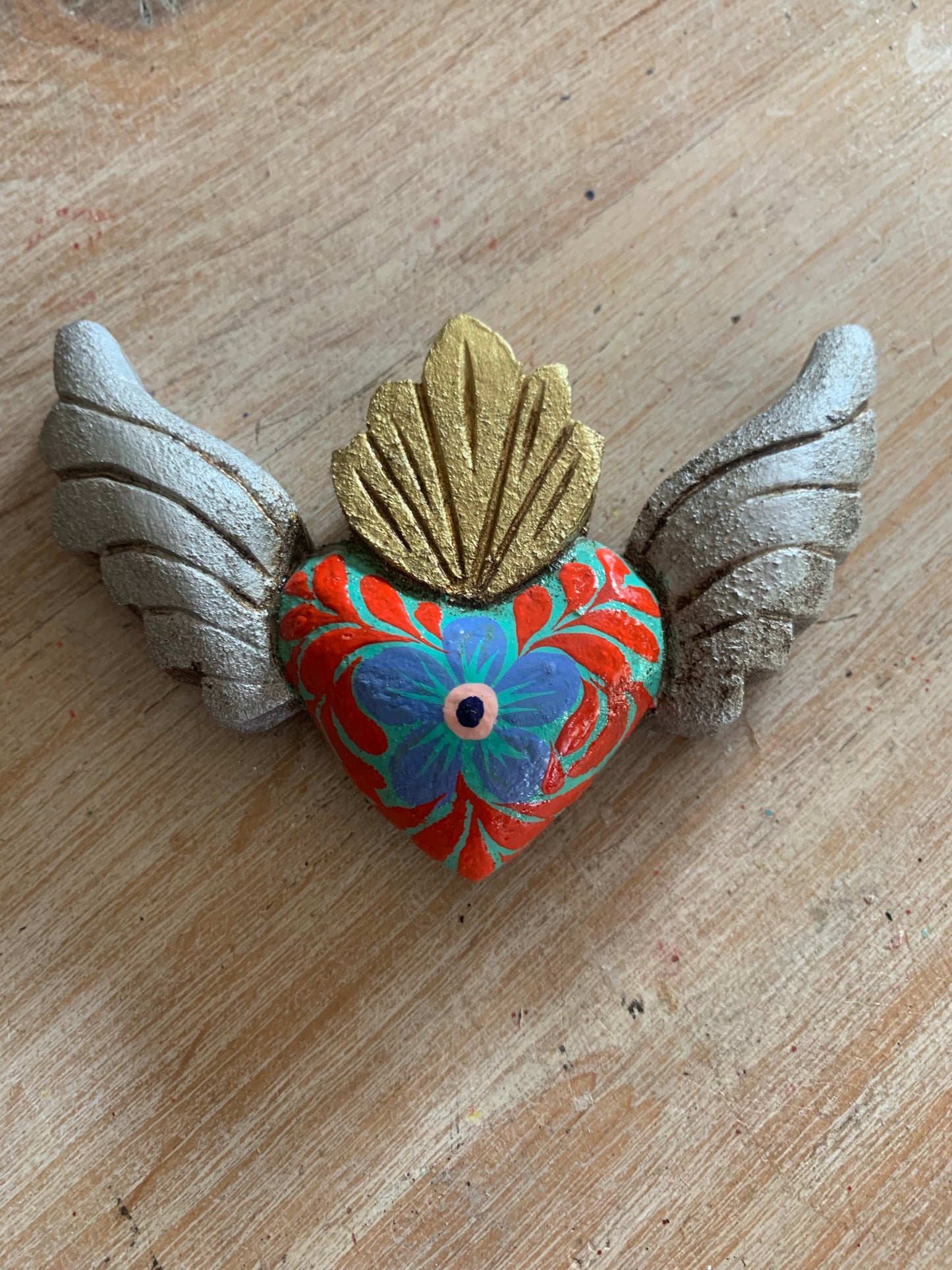 Hand carved Colorful Sacred Heart with Wings Otomi Inspired