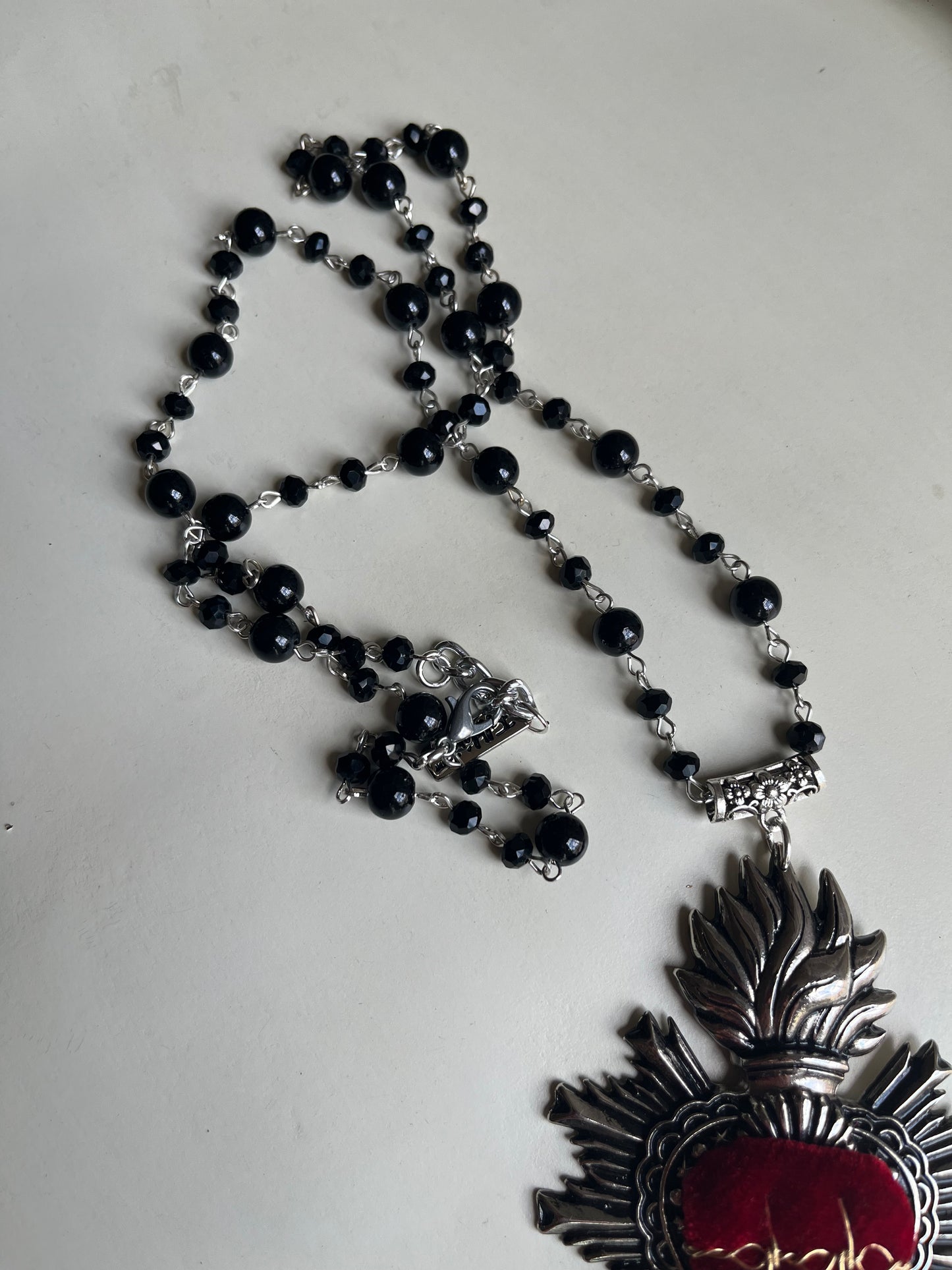 Black Bead Sacred Heart Necklace