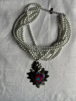 Multi Beaded Embroidery Sacred Heart Necklace Pre-Order Only
