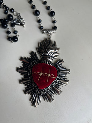 Black Bead Sacred Heart Necklace (Pre-Order)