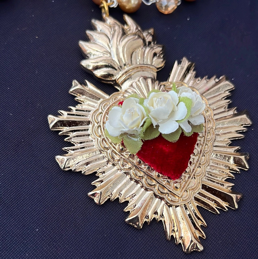 Flower Rose Sacred Heart Rosary Necklace