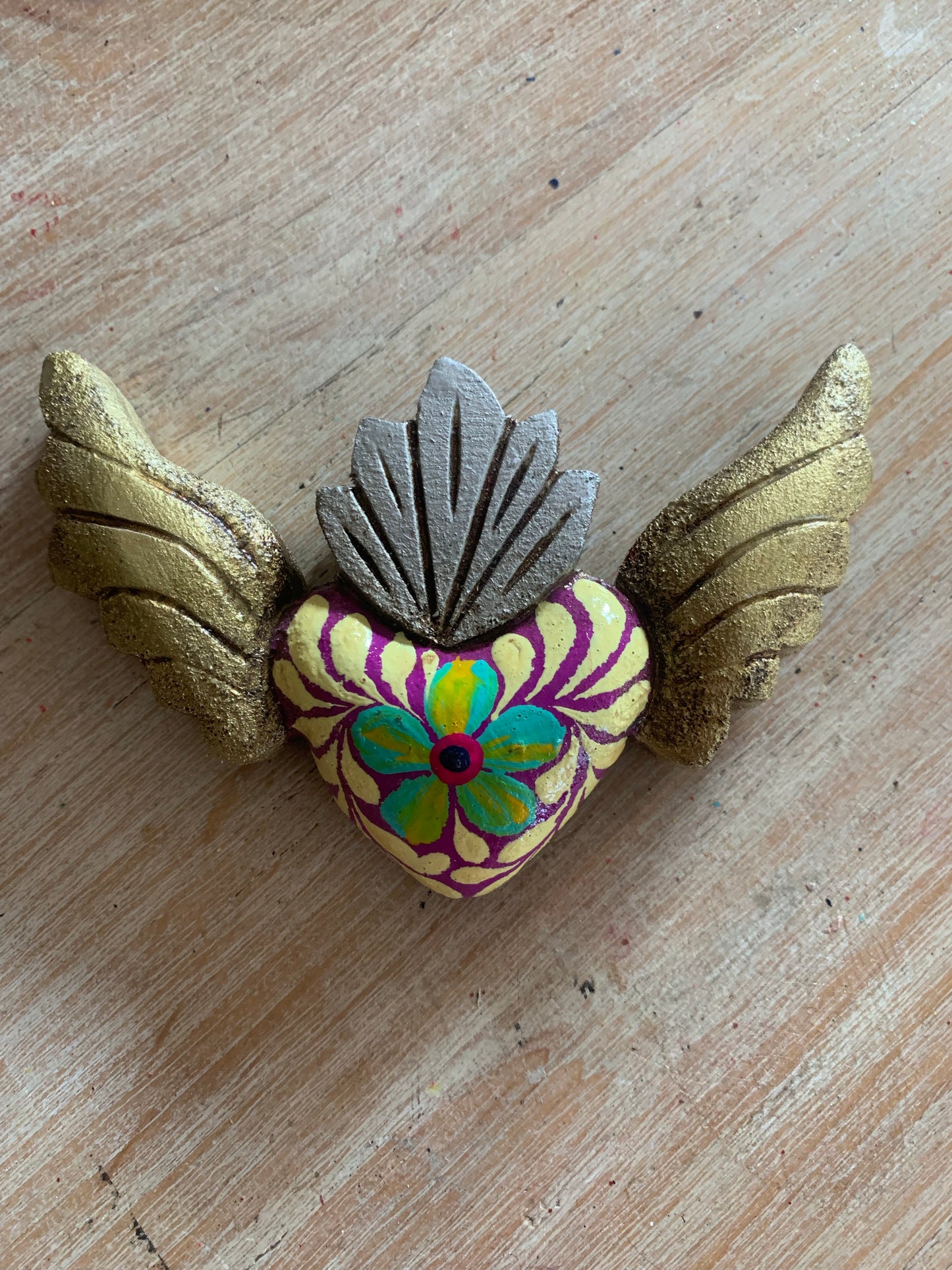 Hand carved Colorful Sacred Heart with Wings Otomi Inspired