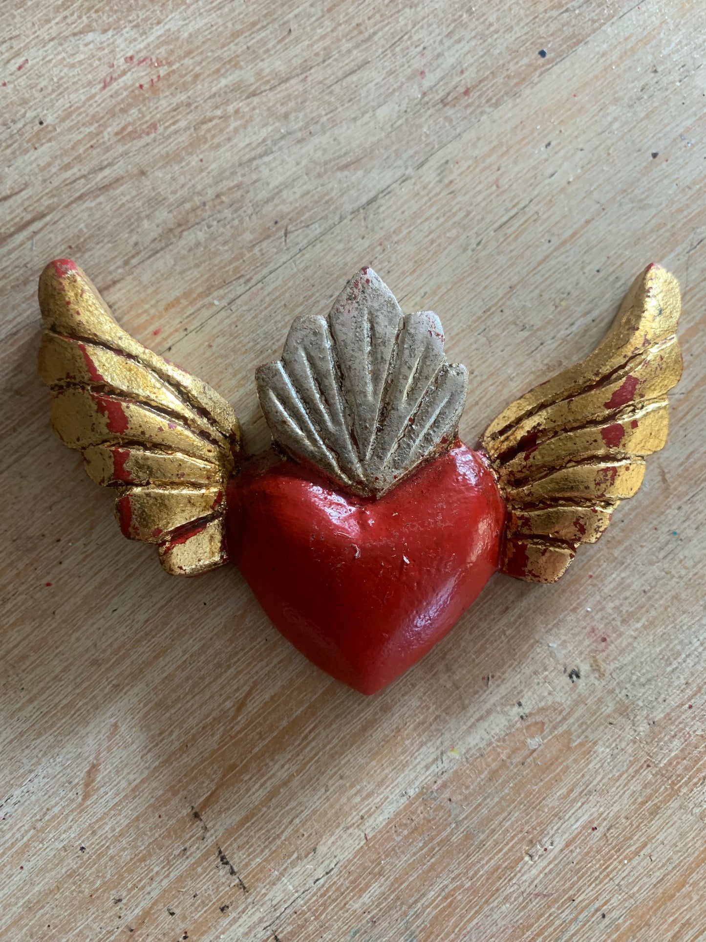 Hand carved Colorful Sacred Heart with Wings Otomi Inspired