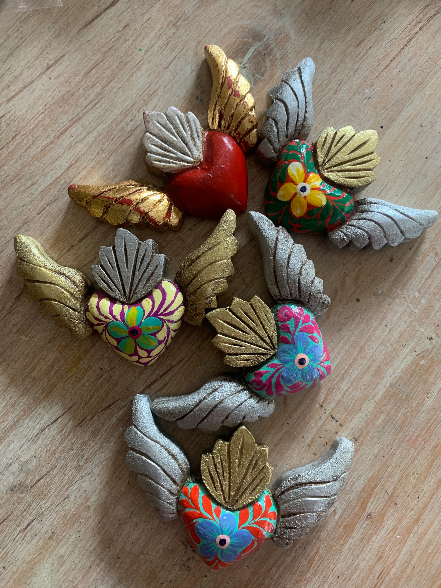 Hand carved Colorful Sacred Heart with Wings Otomi Inspired